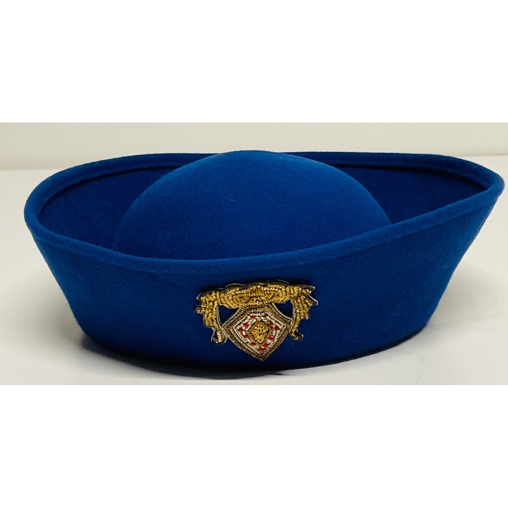 Vintage MCM Michael Howard 100% WOOL pillbox stewardess hat retro blue gold bead